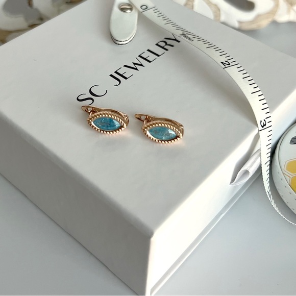 LAST ONE Drop Earrings 18k Gold Color Blue Stone Drop Luxury Jewelry - Picture 4 of 5